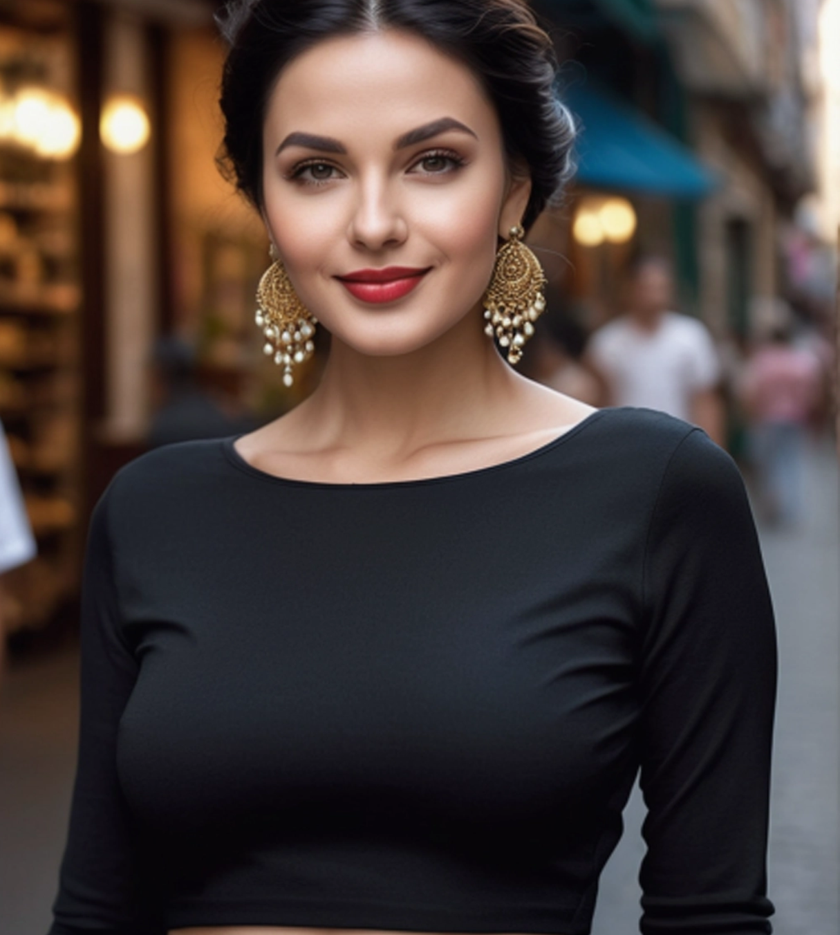 a woman on the street wearing black top
