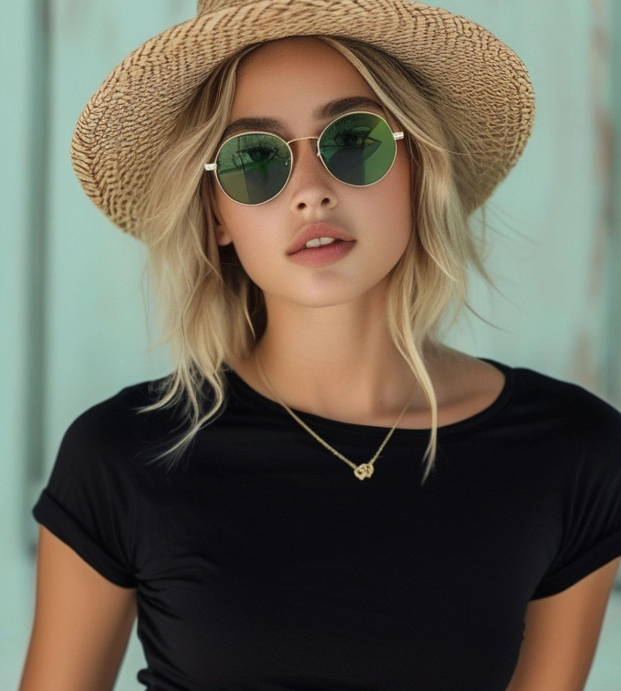 a woman wearing black top with straw hat and shades